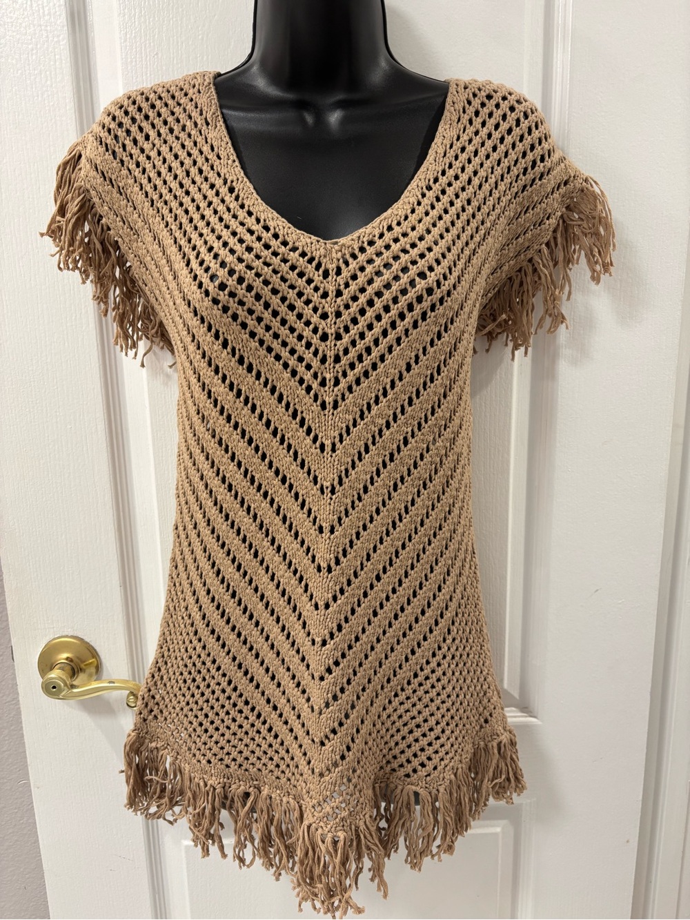 NWT Boston Proper V Pattern Open Knit Fringe Crochet Sweater Lattice Cotton Boho